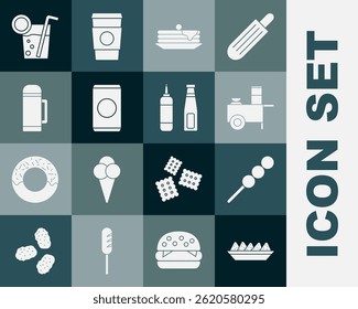 Set Nachos in plate, Meatballs on wooden stick, Fast street food cart, Stack of pancakes, Soda can with straw, Thermos container, Cocktail and Sauce bottle icon. Vector
