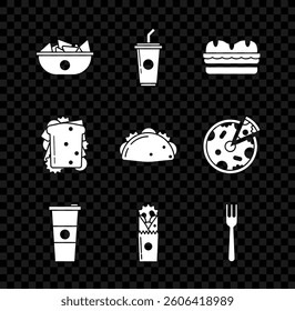 Set Nachos in plate, Paper glass with drinking straw and water, Sandwich, Doner kebab, Fork,  and Taco tortilla icon. Vector