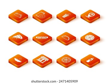 Set Nachos in plate, Pizzeria building facade, Slice of pizza, Hotdog sandwich, Pizza, Taco with tortilla, Bottle water and  icon. Vector