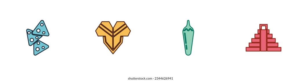 Set Nachos, Poncho, Hot chili pepper pod and Chichen Itza in Mayan icon. Vector