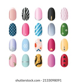 Set of nail art fashion designs for beauty salon, realistic vector illustration isolated on white background. Manicure with ornament and decorative elements.