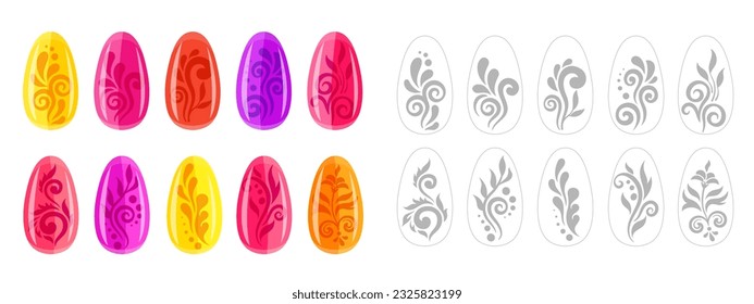 Set of nail art stickers. Manicure with ornament and decorative fashion design elements. Vector illustration.