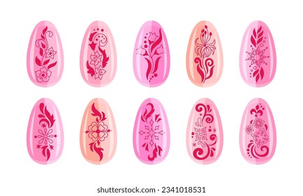 Set of nail art stickers. Manicure with flowers and snowflakes decorative fashion design elements. Vector illustration.