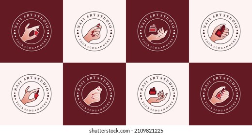 Set of nail art studio logo collection with modern emblem style Premium Vector