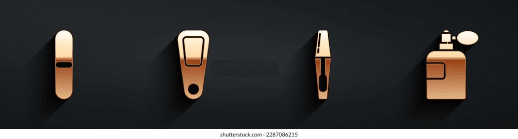 Set Nail file, Hand mirror, Mascara brush and Perfume icon with long shadow. Vector