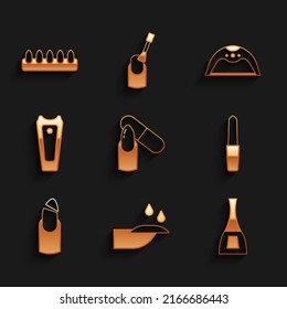 Set Nail file, manicure, Bottle of nail polish, Broken, cutter, Manicure lamp and False nails icon. Vector