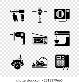 Arreglar pistola de uñas, martillo de construcción, Aire acondicionado, sierra eléctrica circular, herramienta de planeamiento e icono de teléfono. Vector