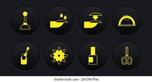 Set Nail manicure, Manicure lamp, False nails, Bottle of polish, scissors and Milling cutter for icon. Vector