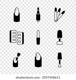 Set Nail manicure, Milling cutter for, False nails, Broken, polish, Toe separator pedicure and file icon. Vector