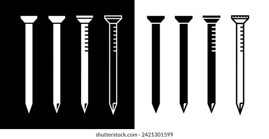 Set of nail (pin, hardware) icons. Symbol for fastening parts or repair. Fasteners for construction.