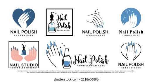 Set of nail polish or nail art logo design template with creative element Premium Vector