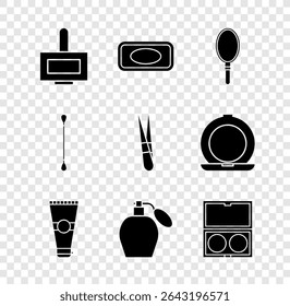 Set Nail polish bottle, Bar of soap, Hand mirror, Lotion cosmetic tube, Perfume, Makeup powder with, Cotton swab for ears and Eyebrow tweezers icon. Vector