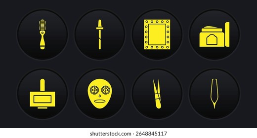 Set Nail polish bottle, Cream cosmetic tube, Facial mask, Eyebrow tweezers, Makeup mirror with lights, Pipette,  and Hairbrush icon. Vector