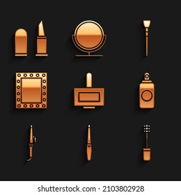 Set Nail polish bottle, file, Mascara brush, Spray can, Curling iron, Makeup mirror with lights,  and Lipstick icon. Vector