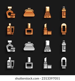 Set Nail polish bottle, Perfume, Cream or lotion cosmetic tube, Lipstick, Makeup brush,  and Clutch bag icon. Vector