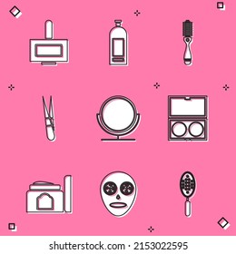 Set Nail polish bottle, Bottle of shampoo, Hairbrush, Eyebrow tweezers, Round makeup mirror, Makeup powder with, Cream cosmetic tube and Facial mask icon. Vector