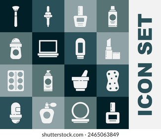 Set Nail polish bottle, Sponge with bubbles, Lipstick, Makeup powder mirror, Antiperspirant deodorant roll, brush and Cream lotion cosmetic tube icon. Vector
