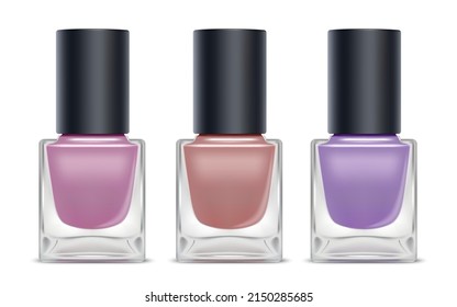 Set of nail polish bottles. 3D realistic illustration. Isolated on white background. Vector.