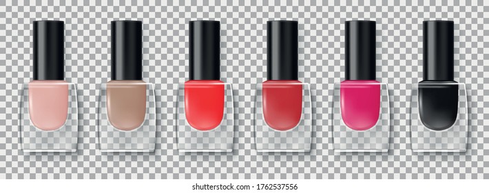 Conjunto de botellas de esmalte de uñas con barniz colorido. Contenedores de vidrio lacado de esmalte de uñas realistas para manicura aislados en fondo transparente. Vector