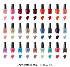 Set of nail polish bottles with drops isolated in the white background. Various colors of nail polishes. Realistic vector illustration.