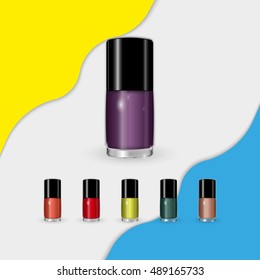 Set of nail polish bottles illustration isolated on white background. Various colorful paint.