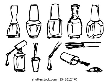 Set the nail Polish. Collection of closed bottles of nail Polish and brushes for applying nail varnish. Vector illustration in hand-drawn style isolated on white background.