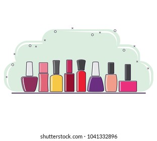 a set of nail polish from eight bottles of different colors on a
 light background