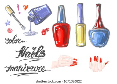 A set of nail polish for manicure. Hand drawn elements with hands red nails open bottle and words Nails Color Manicure vector illustration