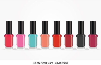 Set of nail polish: pink, red, blue and burgundy. Vector illustration isolated on white background.