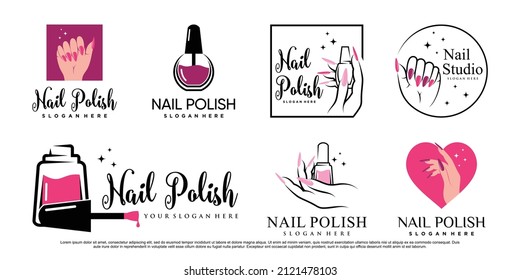 Set of nail polish or nail studio logo template with creative element Premium Vector