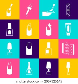 Enjuagar el puño de las uñas, separador de los dedos para pedicura, Tubo de crema de mano, manicura, uñas rotas, botella, manicura e ícono. Vector