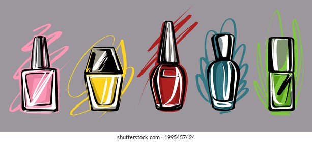 Un conjunto de pinceladas de uñas. Colección para una línea diferente de cosméticos. Ilustración en el estilo de un boceto de moda a mano.