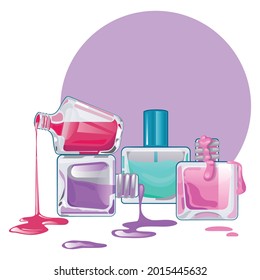 A set of nail polishes. Dripping paint from glass bottles. Nail salon. Background for text or showcase. Vector illustration.