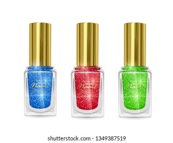 Conjunto de pulidores de uñas con textura brillante, clavo polaco de colores rojo, azul y verde con textura brillante, ilustración vectorial sobre fondo blanco