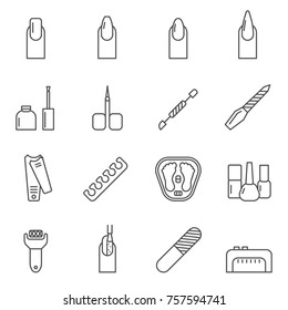 Set Of Nail Related Vector Line Icons. Includes Such Icons As Manicure, Manicurist, Nail, Salon, Pedicure And Etc. 