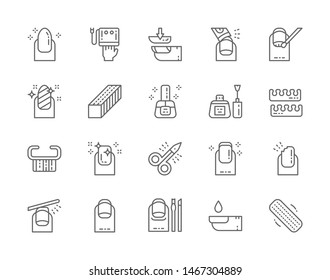 Set of Nail Salon Line Icons. Manicure Tools, Extended Nails, Polish Remover, Pedicure Toe Separators, Cuticle Scissors and more. Pack of 48x48 Pixel Icons