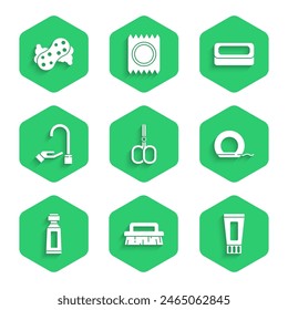 Set Nail scissors, Brush for cleaning, Tube of toothpaste, Dental floss, Washing hands with soap, Bar and Sponge icon. Vector