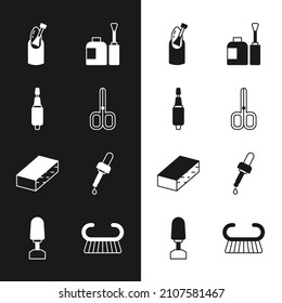 Set Nail scissors, Milling cutter for manicure, Bottle of nail polish, file, Pipette with oil, Pedicure brush grater and  icon. Vector