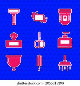 Set Nail scissors, Sanitary tampon, Shower head, Bottle of shampoo, Menstrual cup, Wet wipe pack, Epilator and Shaving razor icon. Vector