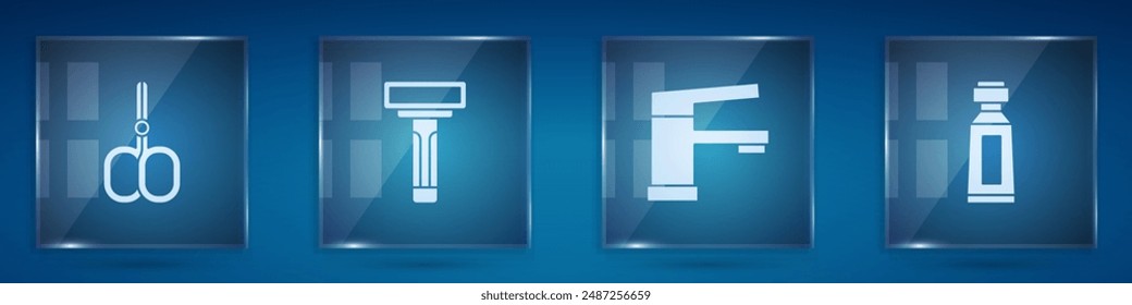 Set Nail scissors, Shaving razor, Water tap and Tube of toothpaste. Square glass panels. Vector