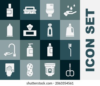 Set Nail scissors, Toothbrush, Bottle for cleaning agent, Toilet bowl, Wet wipe pack, Condom,  and Tube of toothpaste icon. Vector