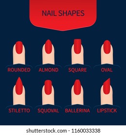Set of nail shapes. Fingernails of different form with red nail polish on blue background. Professional manicure beauty concept. Vector illustration.