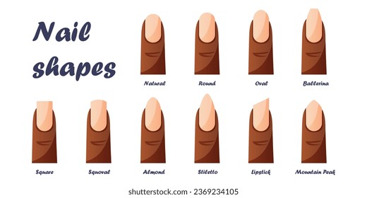 Set of nail shapes - oval, square, almond, stiletto, ballerina, squoval. Guide different forms, types of manicure nails. Professional salon trends, beauty and care. Classic instruction. Vector