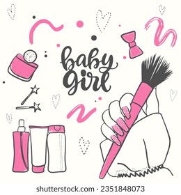 Set for nails and cosmetics, pink accessories for dolls in the style of doodles, stylish manicure