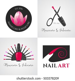 Set of nails salon, nails art vector logo, icon, symbol, emblem, sign. Graphic design element with nails tools - lacquer, scissors, finger