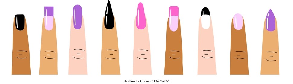 Set of nails shapes. Different polish colors. Various skin tones on the fingers. Manicure Guide for beauty salons.