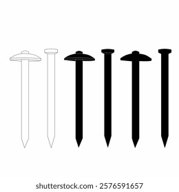 Set of nails vector illustration with outline and solid black designs. Perfect for construction icons, tools graphics, and DIY-themed projects.