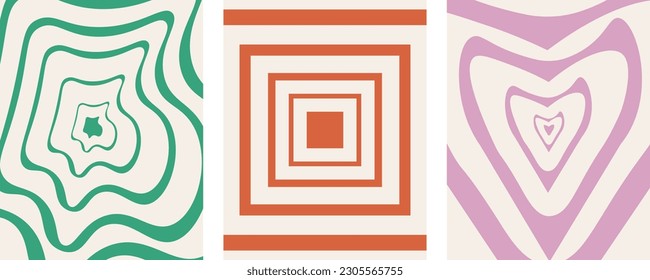 Set with Naive Abstract Backgrounds. Distorted texture in psychedelic style. Contemporary figure. Retro aesthetic Background in vintage style with wave, heart. Vector illustration.  