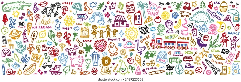 Set of naive childish doodle isolated on white background. Children colorful scribble. Vector illustration of family, mom, dad, car, tree, cat, dog, house, rocket, sun