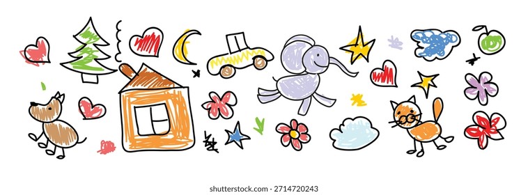 Set of naive childish doodle isolated on white background. Children colorful scribble. Vector illustration of car, tree, cat, dog, house, flowers , stars, sun